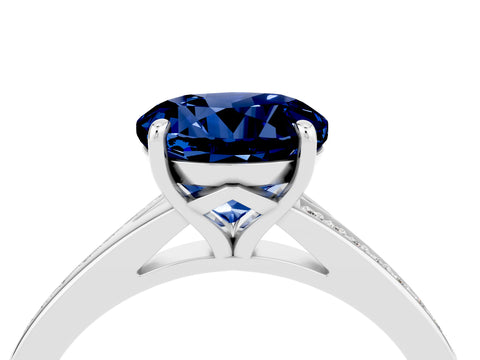 Silver Round Cut Blue Sapphire Solitaire Ring with Pavé Band and Prong Setting_16