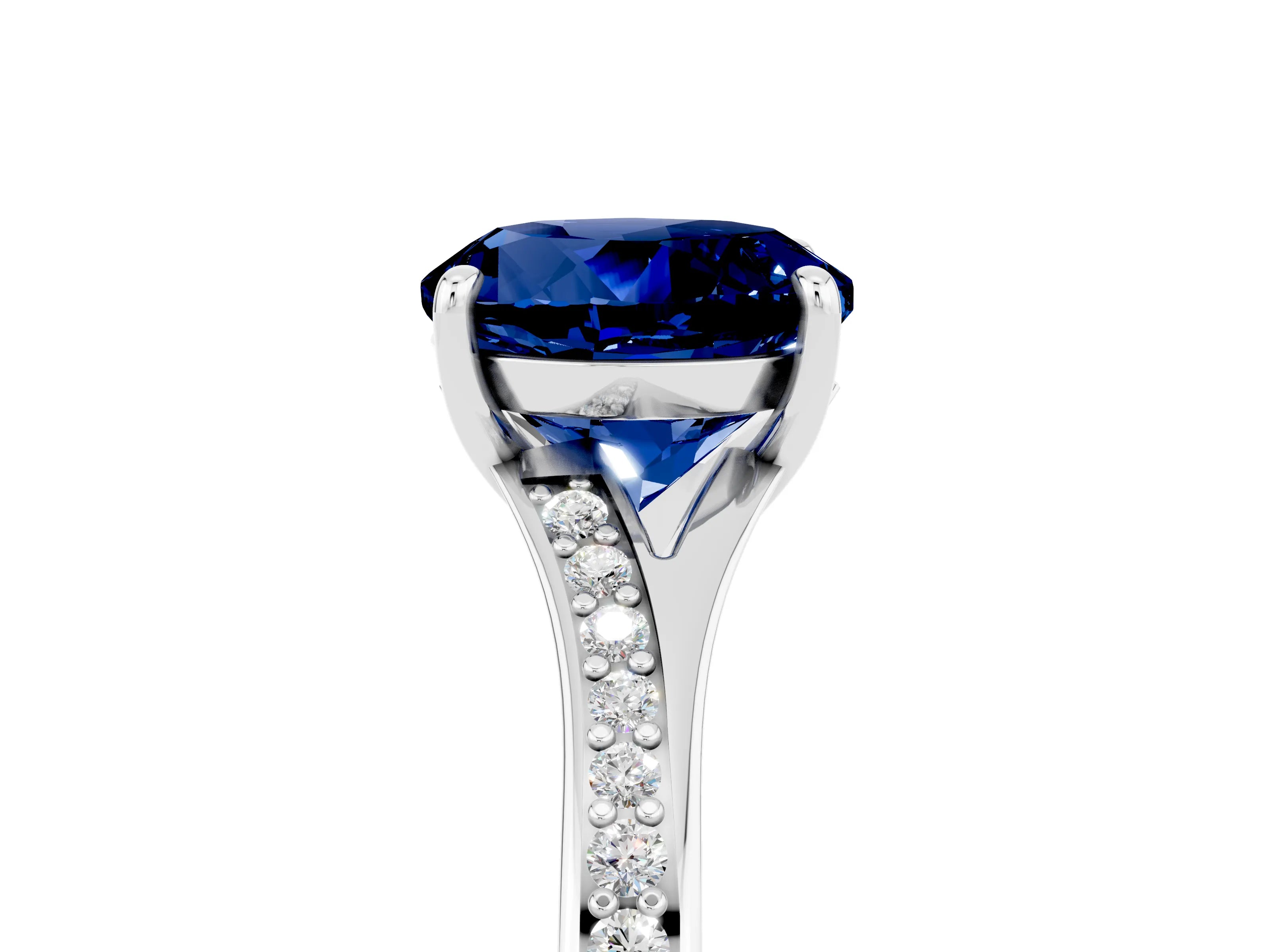Silver Round Cut Blue Sapphire Solitaire Ring with Pavé Band and Prong Setting_17