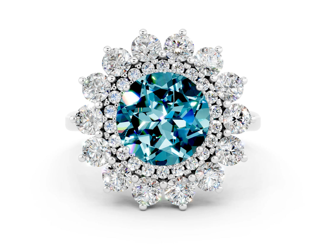 Silver Round Cut Blue Topaz Floral Double Halo Engagement Ring with Prong Setting_192