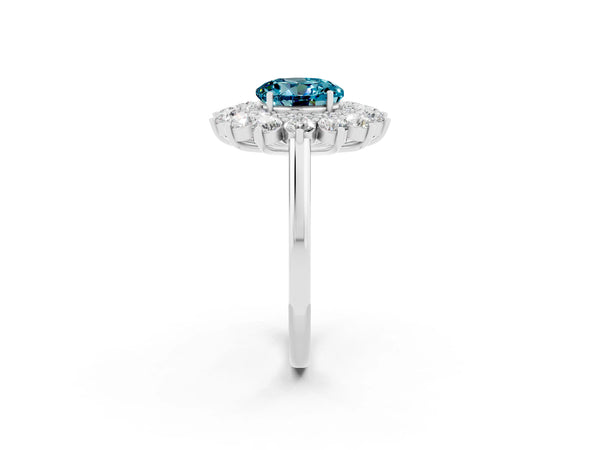 Silver Round Cut Blue Topaz Floral Double Halo Engagement Ring with Prong Setting
