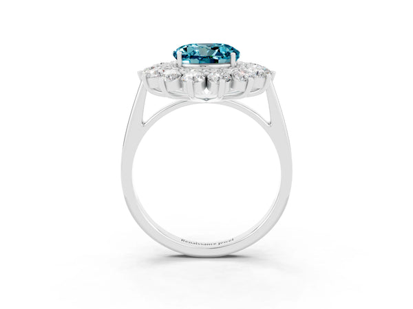 Silver Round Cut Blue Topaz Floral Double Halo Engagement Ring with Prong Setting