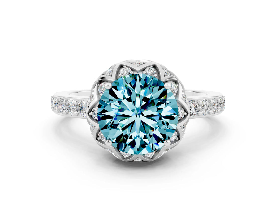 Silver Round Cut Blue Topaz Scalloped Halo Engagement Ring with Round Shared Prong Band_30