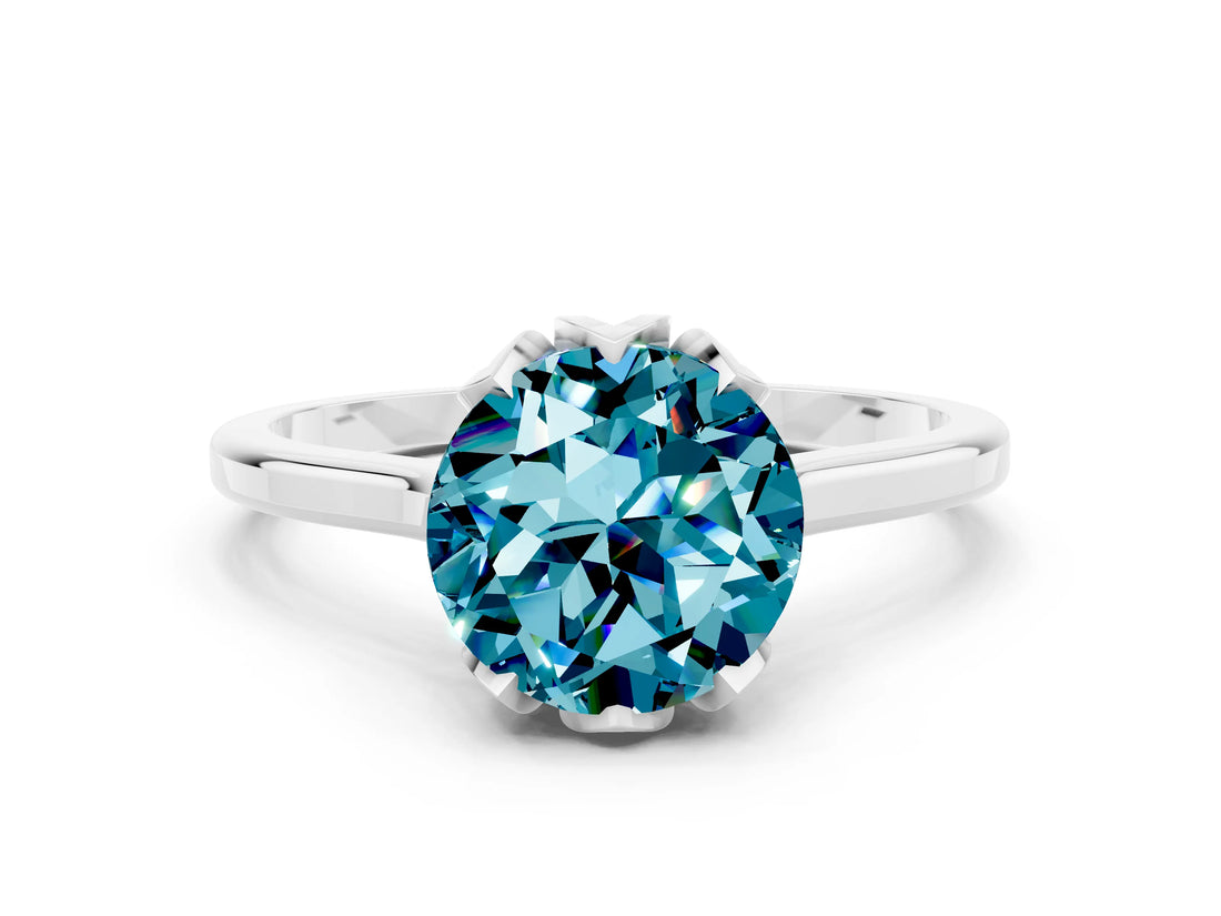 Silver Round Cut Blue Topaz Solitaire Ring with Flower Prong Setting and Classic Band