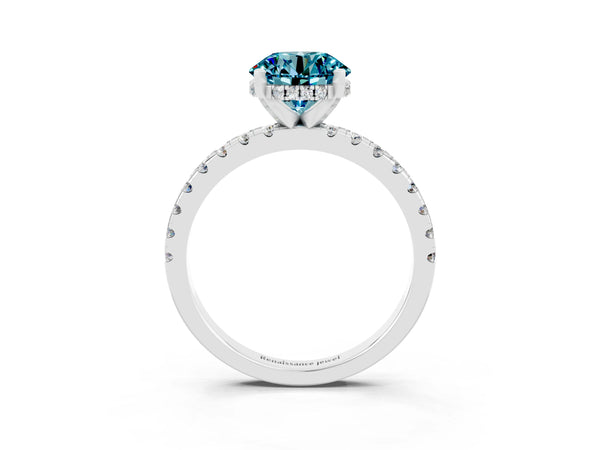 Silver Round Cut Blue Topaz Solitaire Ring with Round Pavé Band and Four-Prong Setting