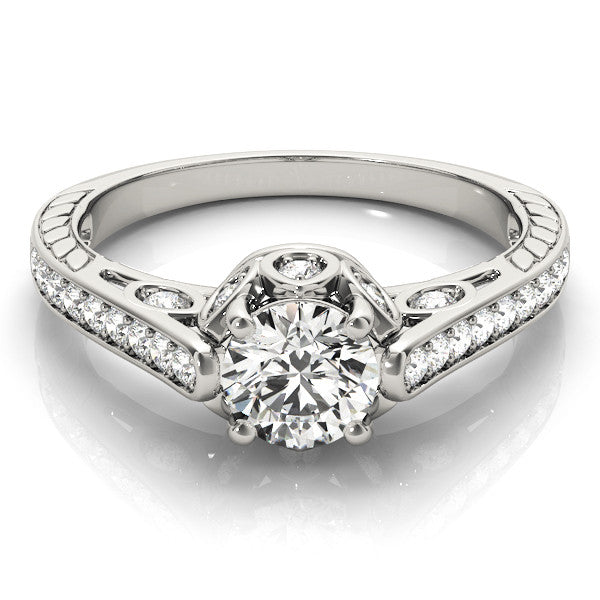 Silver Round Cut Cathedral Pave Diamond Engagement Ring with Six-Prong Setting