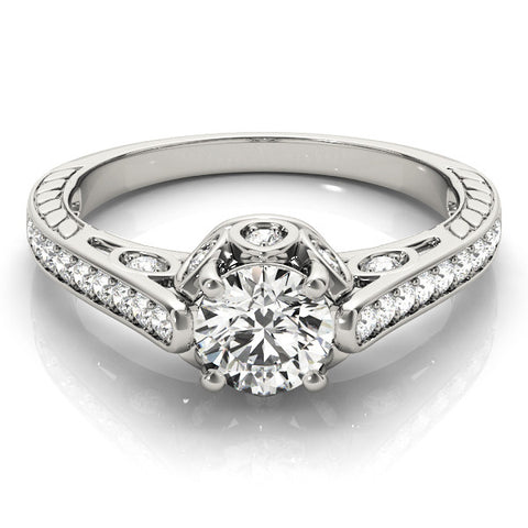 Silver Round Cut Cathedral Pave Diamond Engagement Ring with Six-Prong Setting