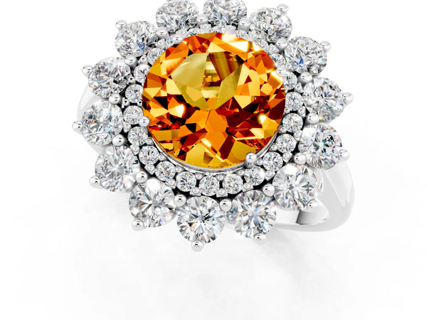 Silver Round Cut Citrine Floral Double Halo Engagement Ring with Prong Setting