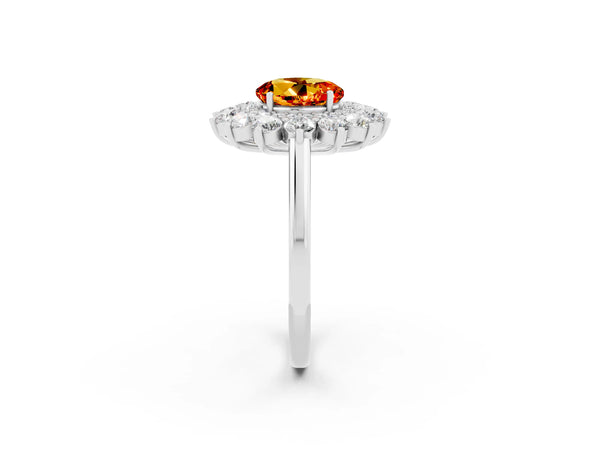 Silver Round Cut Citrine Floral Double Halo Engagement Ring with Prong Setting
