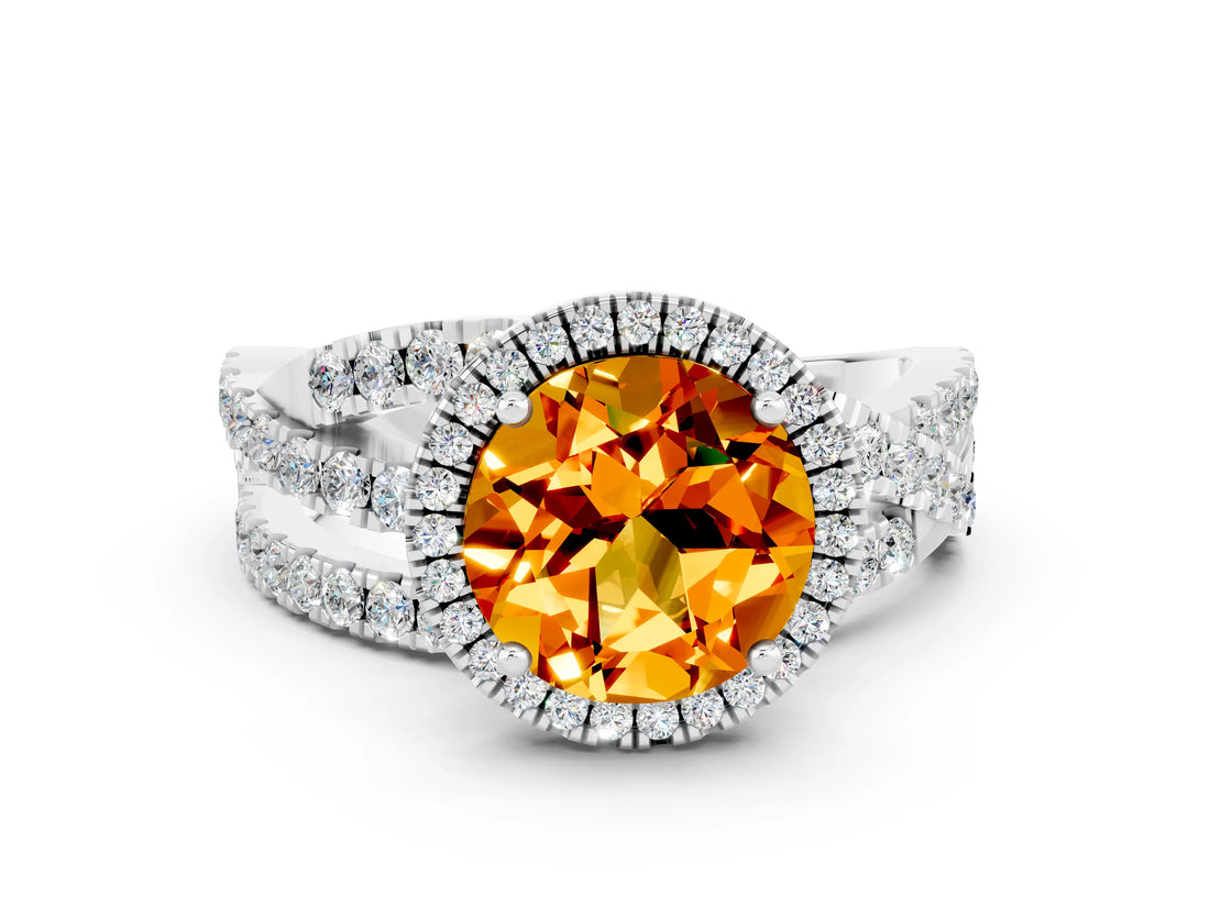 Silver Round Cut Citrine Halo Ring with Round Split Shank and Prong Setting_66