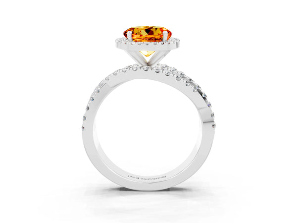 Silver Round Cut Citrine Halo Ring with Round Split Shank and Prong Setting