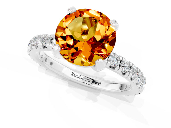 Silver Round Cut Citrine Pavé Solitaire Ring with Round Band and Prong Setting