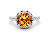 Silver Round Cut Citrine Scalloped Halo Engagement Ring with Round Shared Prong Band_108