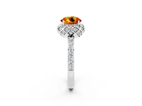 Silver Round Cut Citrine Scalloped Halo Engagement Ring with Round Shared Prong Band