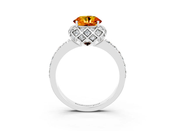Silver Round Cut Citrine Scalloped Halo Engagement Ring with Round Shared Prong Band