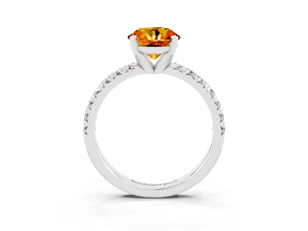 Silver Round Cut Citrine Solitaire Pavé Engagement Ring with Round Band and Prong Setting