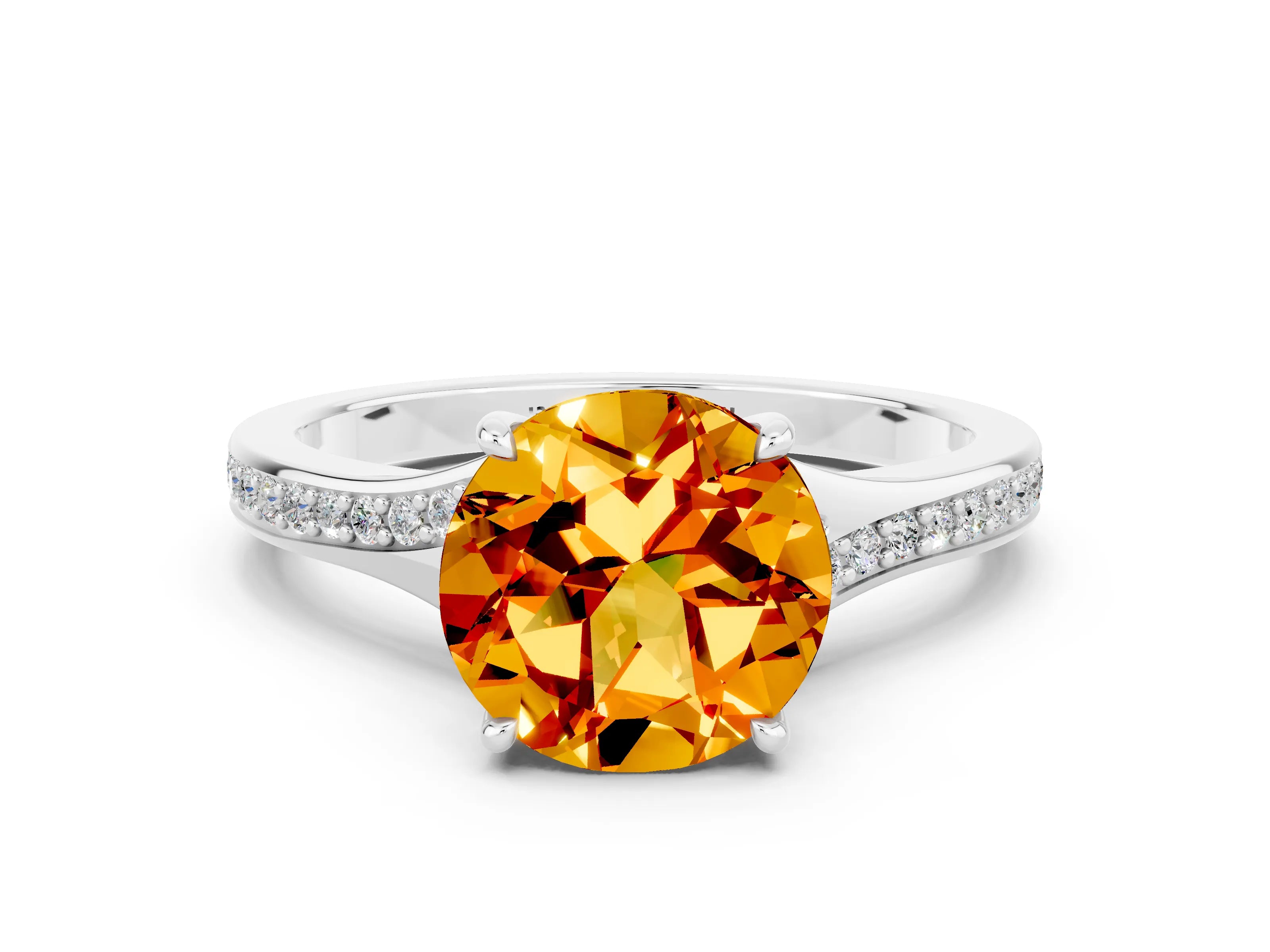 Silver Round Cut Citrine Solitaire Ring with Pavé Band and Prong Setting_12