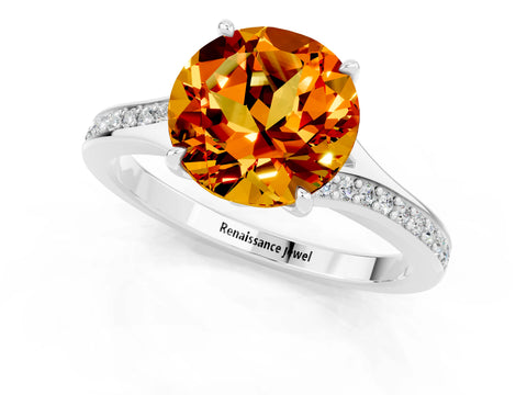 Silver Round Cut Citrine Solitaire Ring with Pavé Band and Prong Setting_13