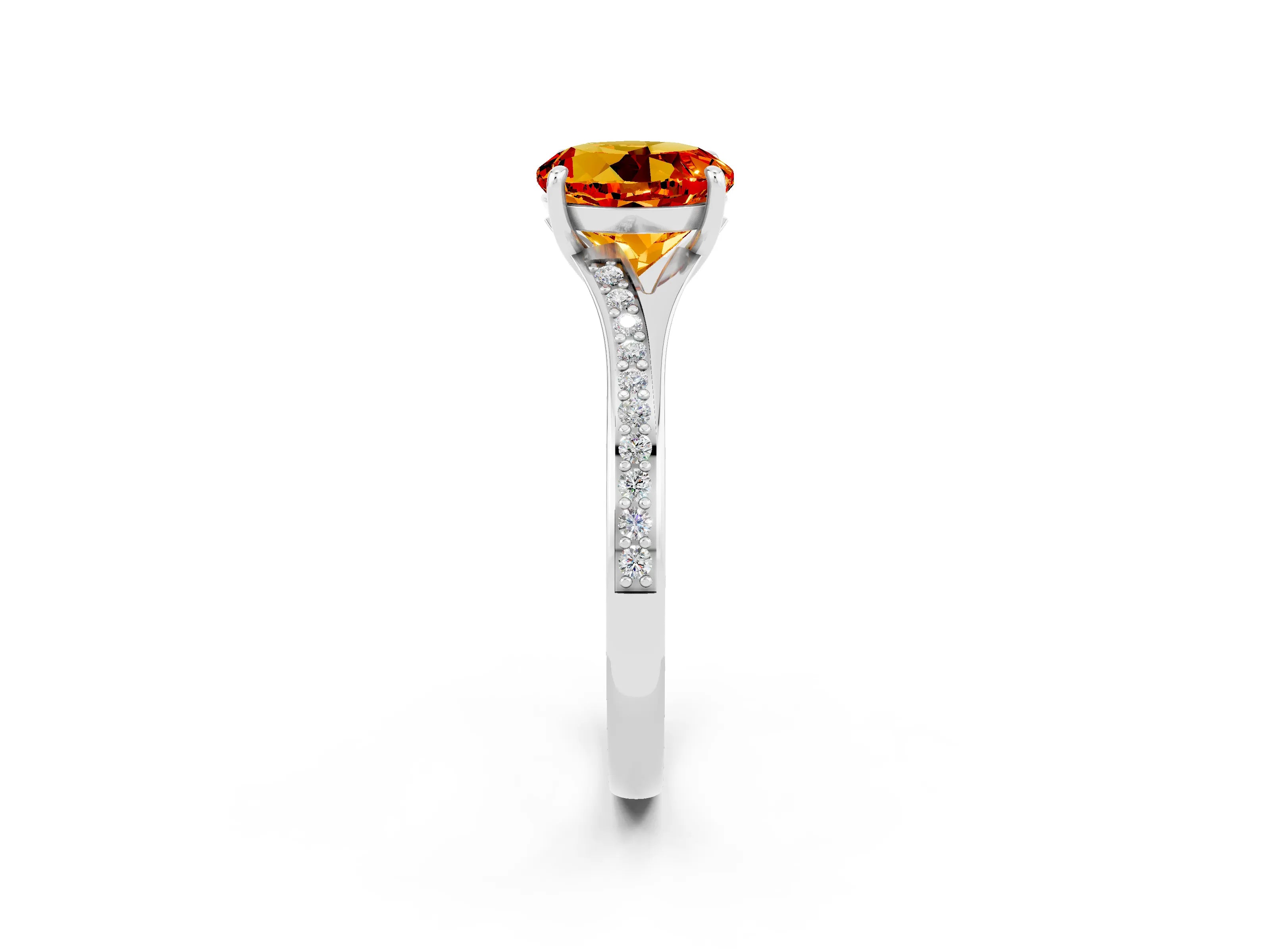 Silver Round Cut Citrine Solitaire Ring with Pavé Band and Prong Setting_14