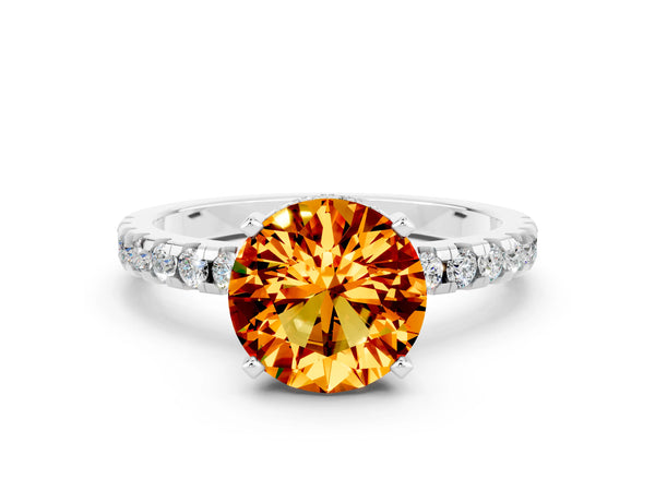 Silver Round Cut Citrine Solitaire Ring with Round Pavé Band and Four-Prong Setting