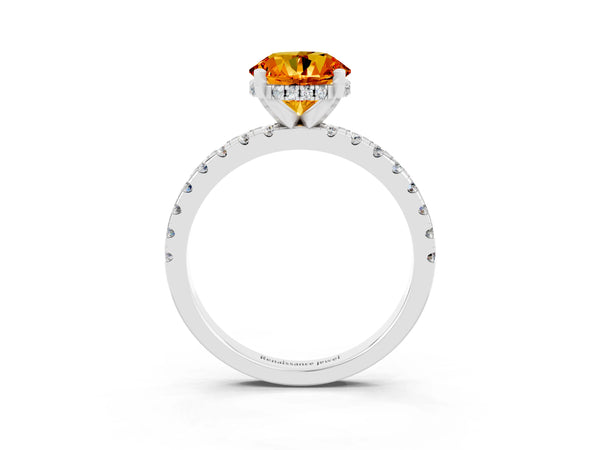 Silver Round Cut Citrine Solitaire Ring with Round Pavé Band and Four-Prong Setting