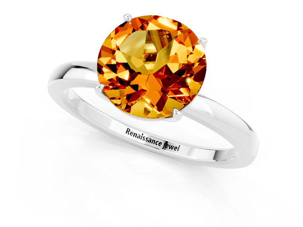 Silver Round Cut Citrine Solitaire Ring with Thin Band and Prong Setting
