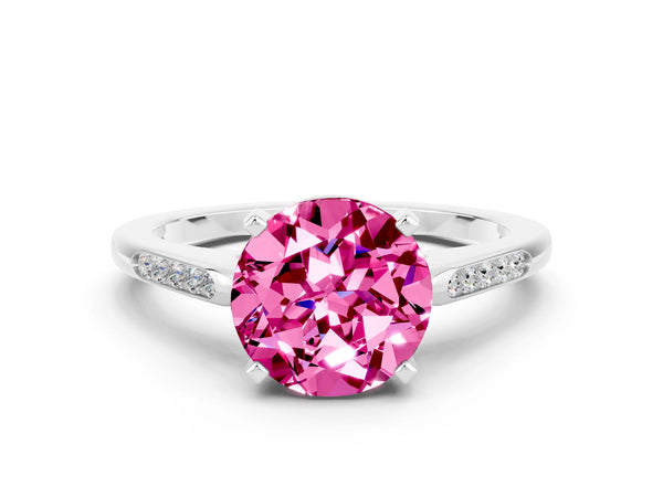 Silver Round Cut Pink Sapphire Solitaire Ring with Channel Set Round Band and Prong Setting