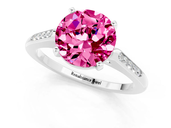 Silver Round Cut Pink Sapphire Solitaire Ring with Channel Set Round Band and Prong Setting