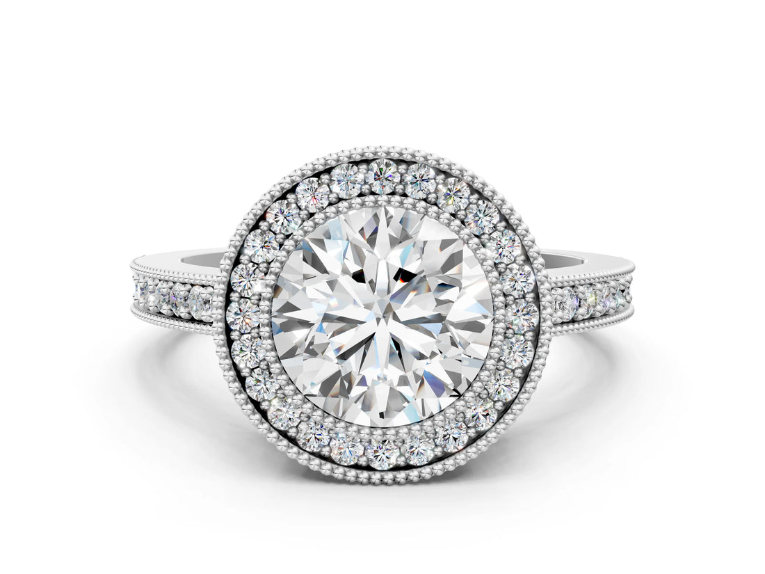Silver Round Cut-Cut Diamond Halo Engagement Ring with Pave Band and Prong Setting_13