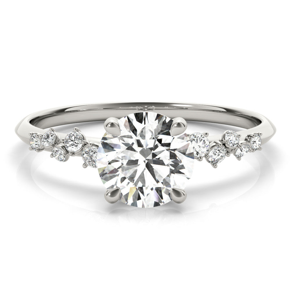 Silver Round Cut Diamond Cluster Side Stone Solitaire Ring with Prong Setting 1