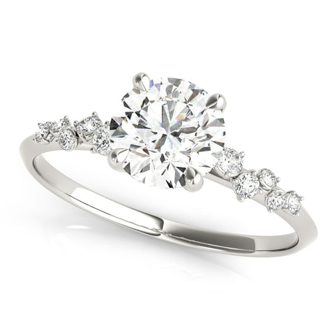 Silver Round Cut Diamond Cluster Side Stone Solitaire Ring with Prong Setting