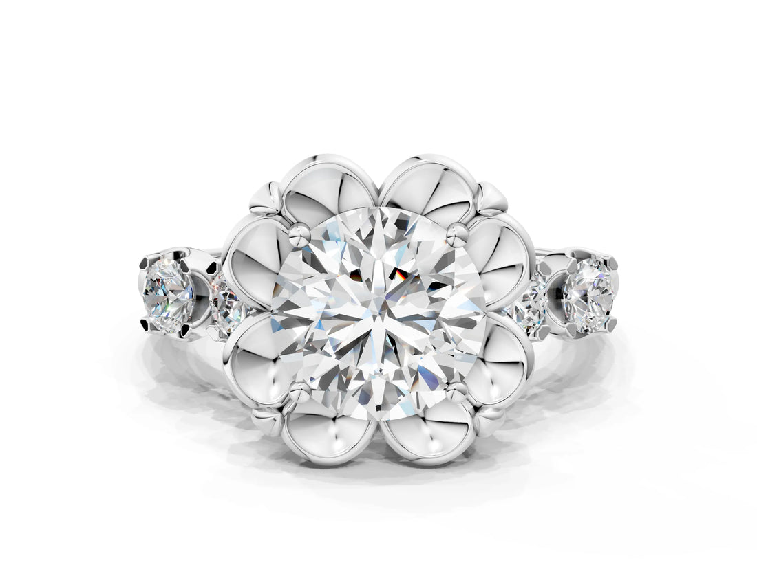 Silver Round Cut Diamond Floral Halo Engagement Ring with Shared Prong Setting 2