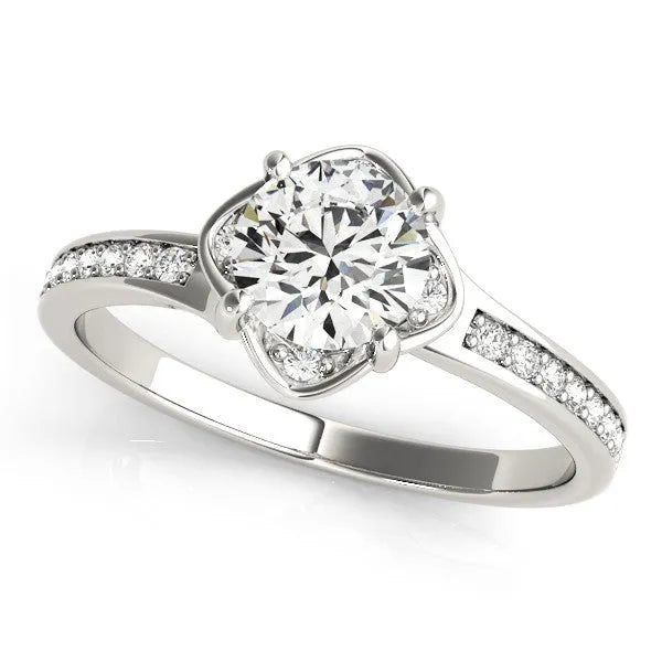 Silver Round Cut Diamond Halo Pave Band Cushion Prong Ring