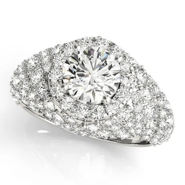 Silver Round Cut Diamond Halo Pave Band Prong Setting Ring