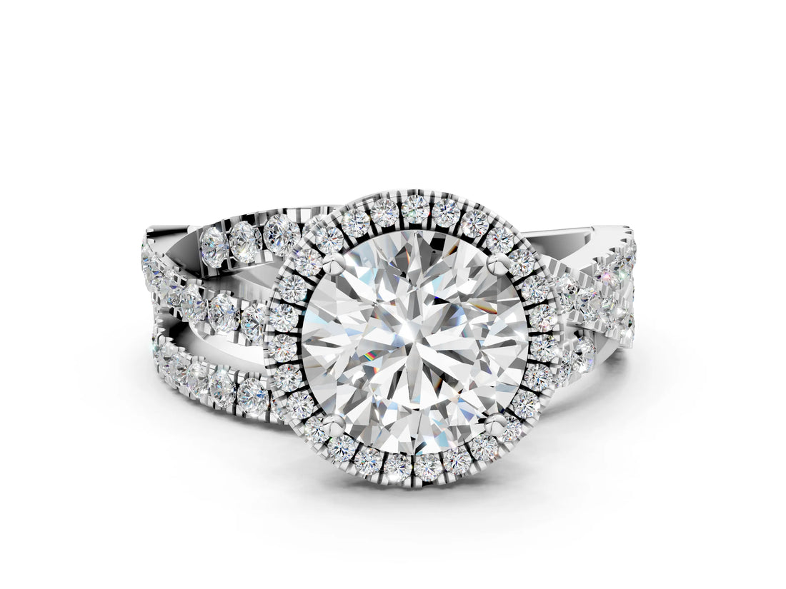 Silver Round Cut Diamond Halo Ring with Round Split Shank and Prong Setting_12