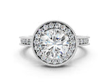 Silver Round Cut Diamond Milgrain Halo Engagement Ring with Round Pavé Band and Prong Setting_20