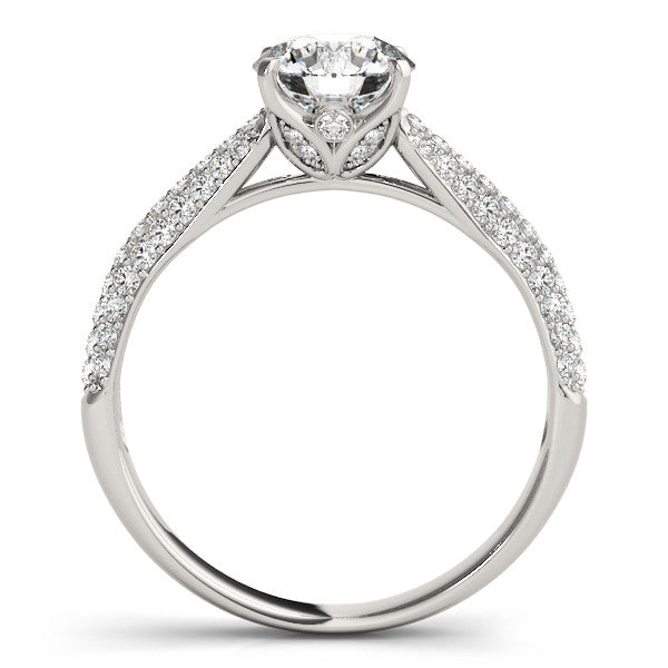 Silver Round Cut Diamond Pavé Band Solitaire Ring with Four-Prong Setting 1