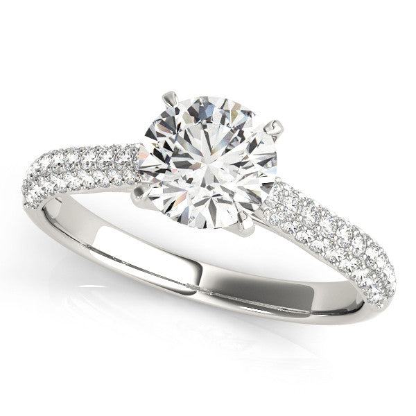 Silver Round Cut Diamond Pavé Band Solitaire Ring with Four-Prong Setting 2