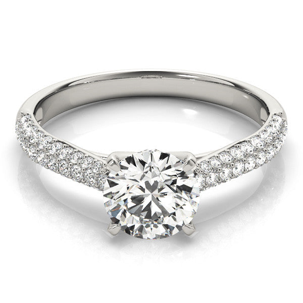 Silver Round Cut Diamond Pavé Band Solitaire Ring with Four-Prong Setting