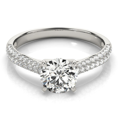 Silver Round Cut Diamond Pavé Band Solitaire Ring with Four-Prong Setting