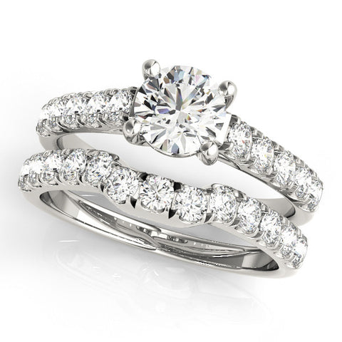 Silver Round Cut Diamond Pavé Band Solitaire with Four-Prong Setting