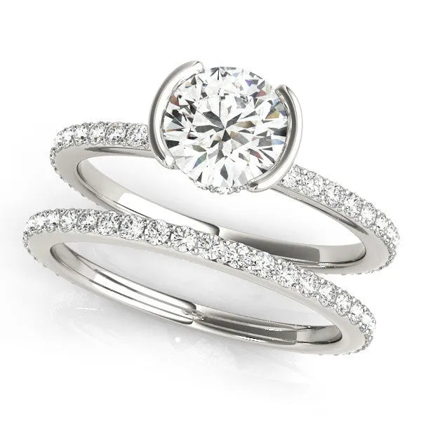 Silver Round Cut Diamond Pave Band Tension Setting Engagement Ring