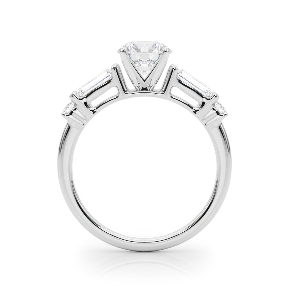 Silver Round Cut Diamond Ring with Baguette Side Stones, Channel Set Band, and Four-Prong Setting 1