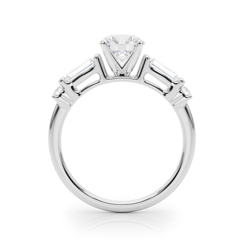 Silver Round Cut Diamond Ring with Baguette Side Stones, Channel Set Band, and Four-Prong Setting 1