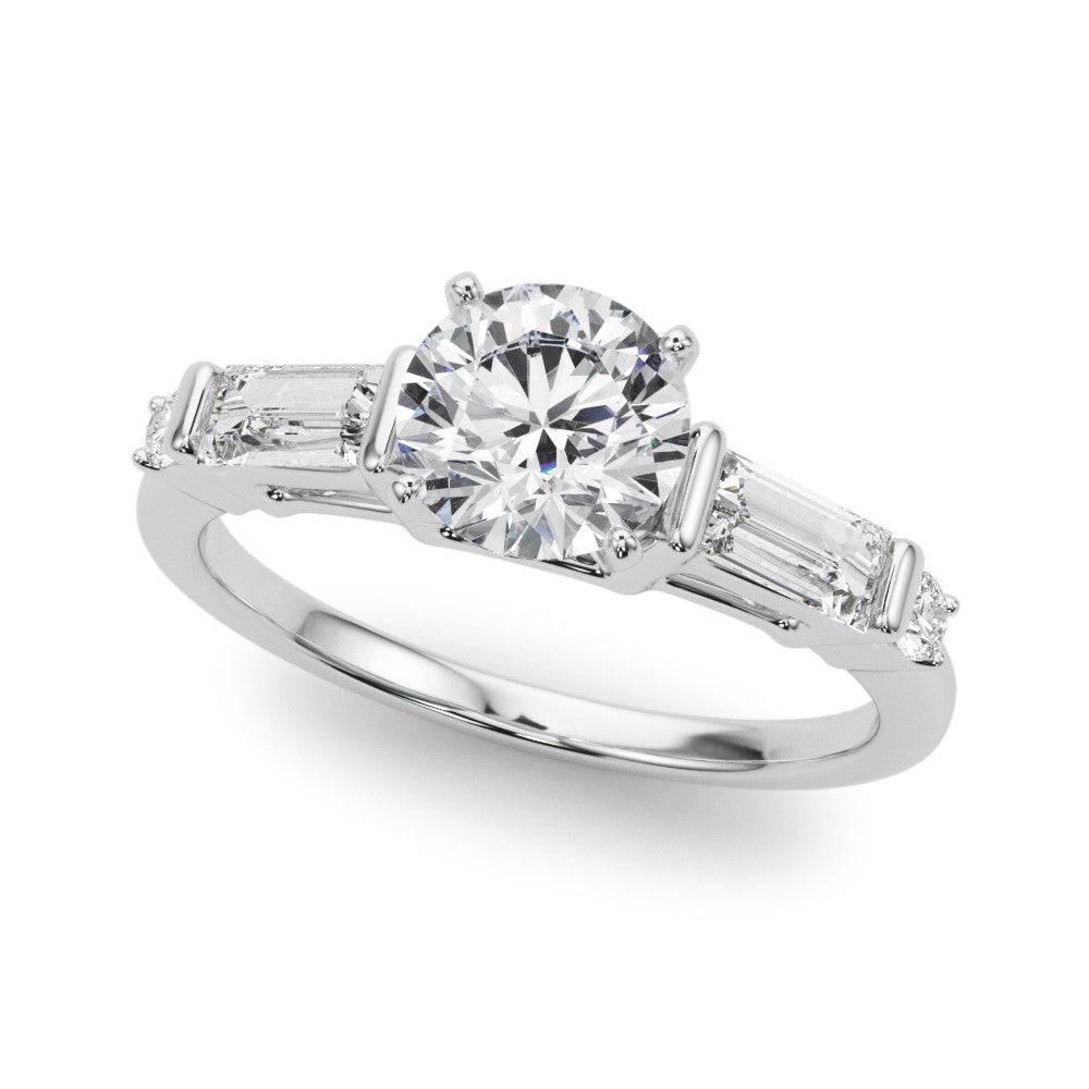Silver Round Cut Diamond Ring with Baguette Side Stones, Channel Set Band, and Four-Prong Setting 2