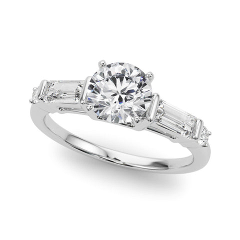 Silver Round Cut Diamond Ring with Baguette Side Stones, Channel Set Band, and Four-Prong Setting 2