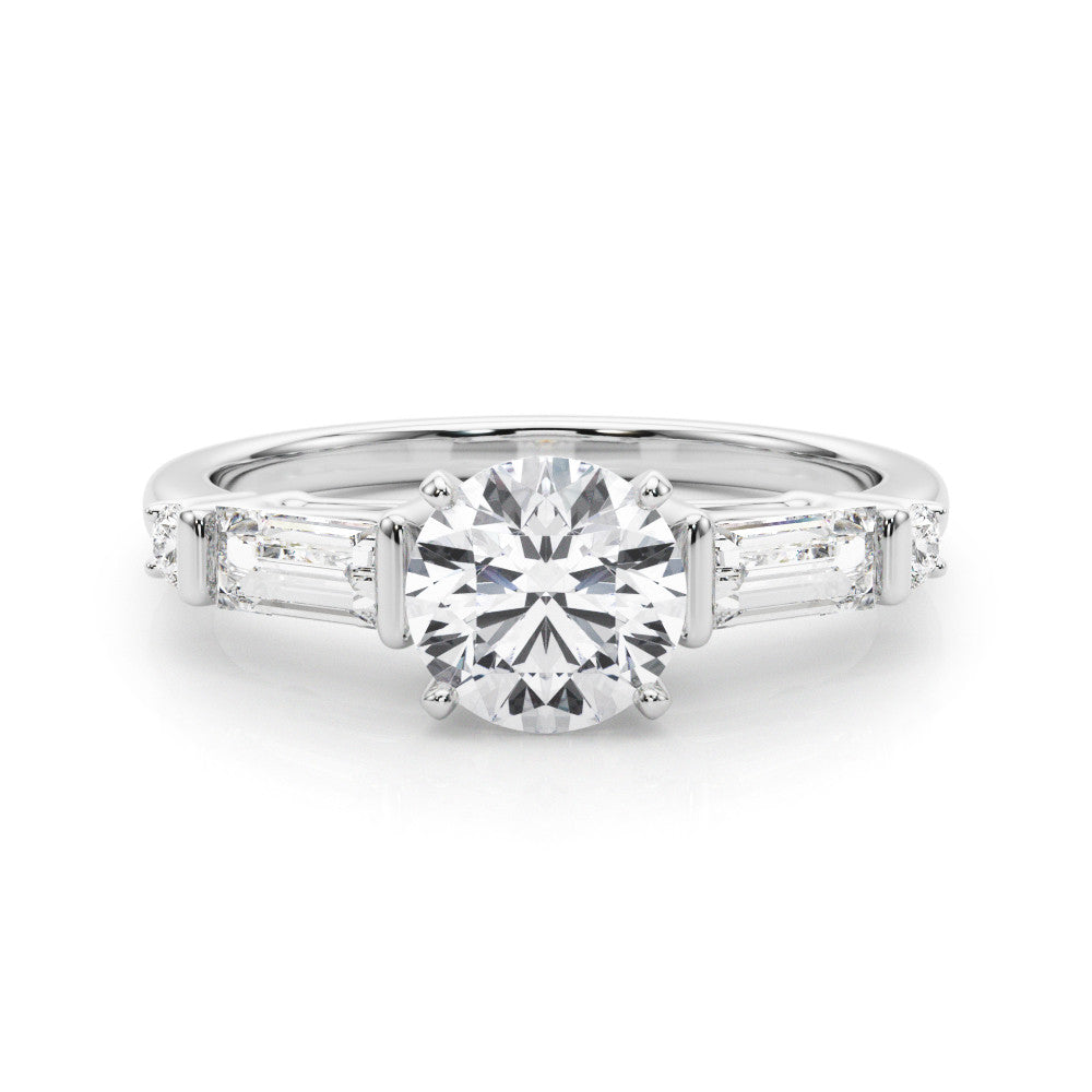 Silver Round Cut Diamond Ring with Baguette Side Stones, Channel Set Band, and Four-Prong Setting