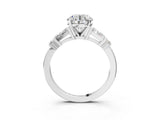 Silver Round Cut Diamond Ring with Baguette Side Stones, Channel Set Band, and Four-Prong Setting_28
