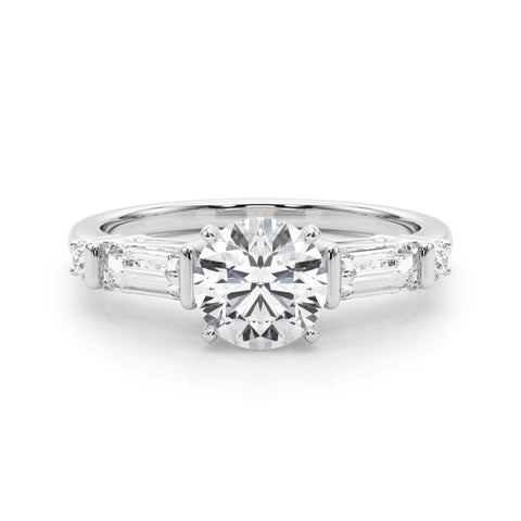 Silver Round Cut Diamond Ring with Baguette Side Stones, Channel Set Band, and Four-Prong Setting
