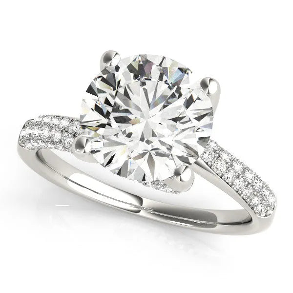 Silver Round Cut Diamond Solitaire Engagement Ring with Pave Band and Four-Prong Setting