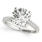Silver Round Cut Diamond Solitaire Engagement Ring with Pave Band and Four-Prong Setting